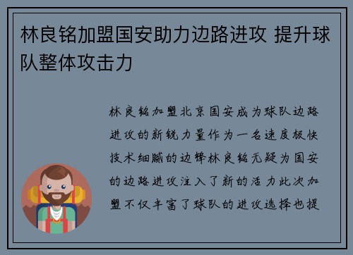 林良铭加盟国安助力边路进攻 提升球队整体攻击力