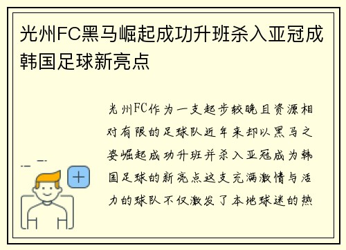 光州FC黑马崛起成功升班杀入亚冠成韩国足球新亮点